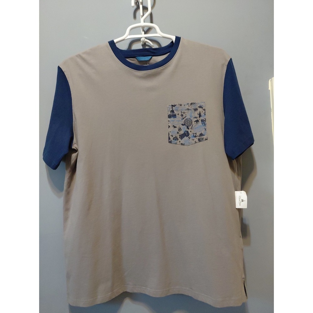 New With Tags Disney Parks Shirt Mens L Gray W Blue Sleeves Pocket Colorblock